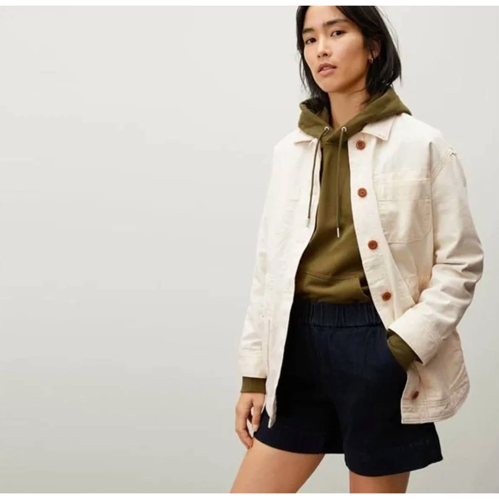 Everlane Cinchable Chore Jacket Large Canvas Barn Coat Cream Utility Work Button